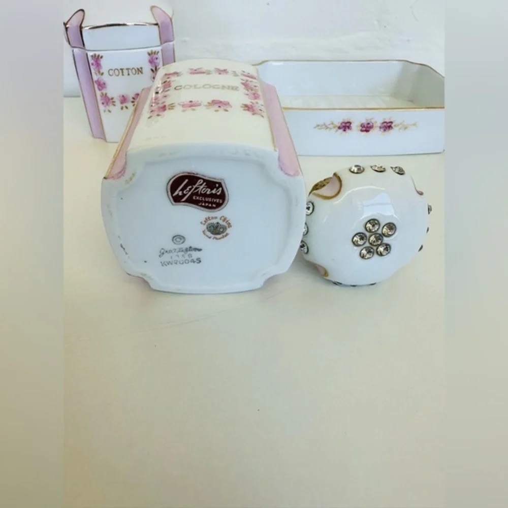1956 Lefton Vanity Dresser Bottles & Soap Dish Hand Painted Rhinestones/Cork Set